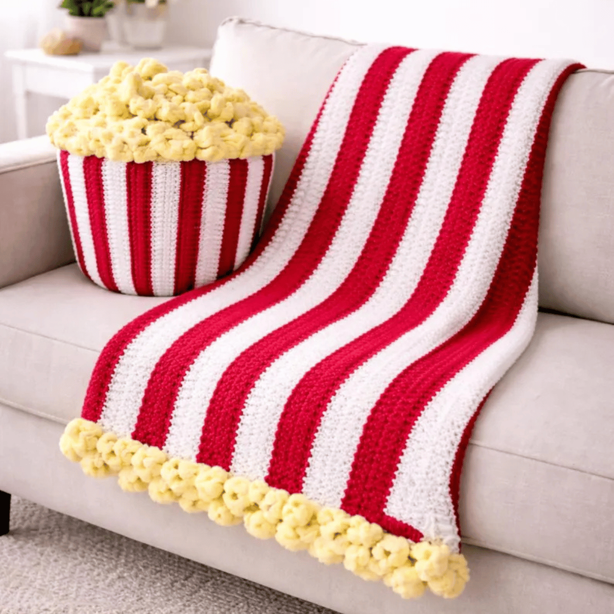 Popcorn Bucket Blanket Crochet Pattern – Movie Night Chunky Throw PDF