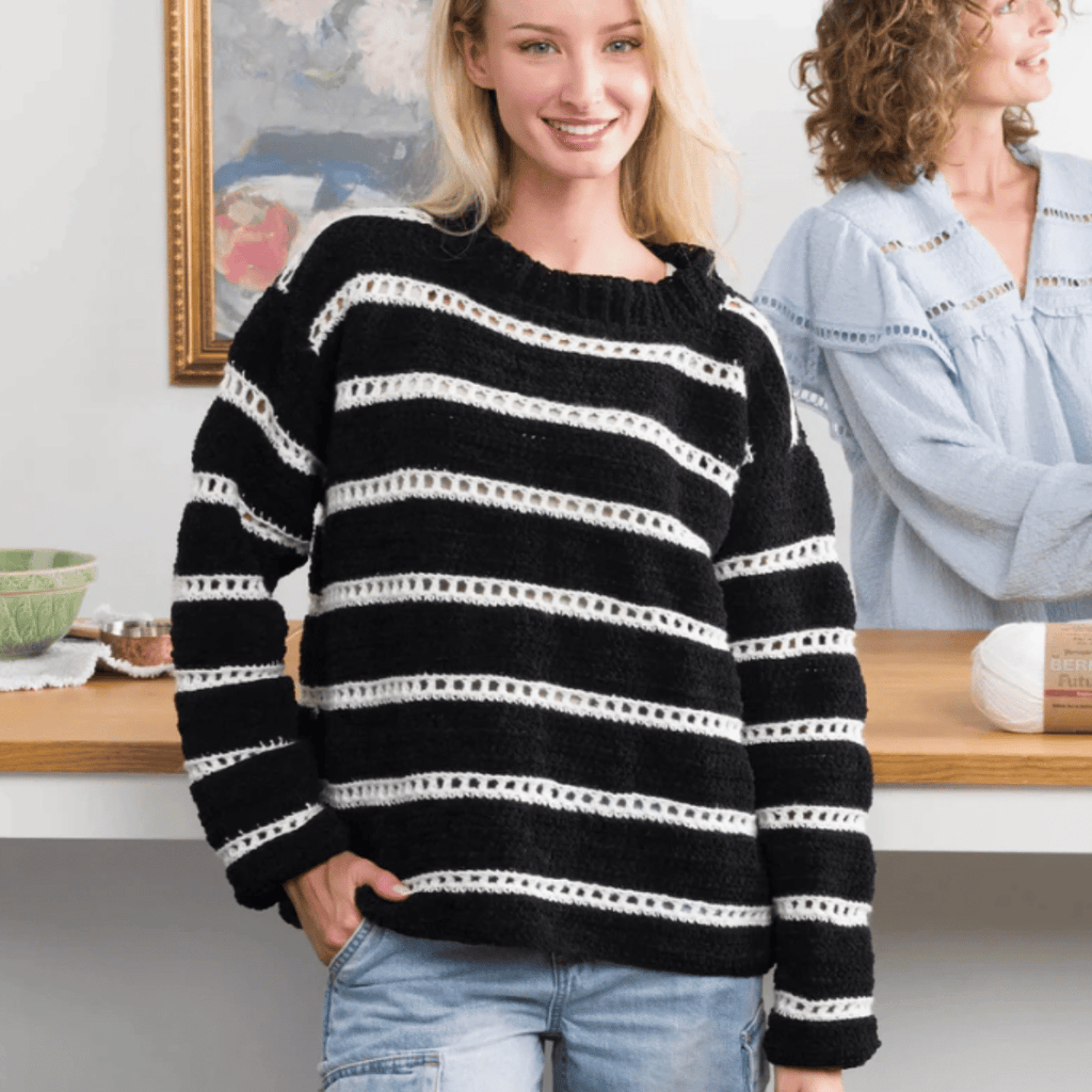 Bernat Eyelet Stripes Crochet Pullover Pattern – Lightweight Sweater PDF