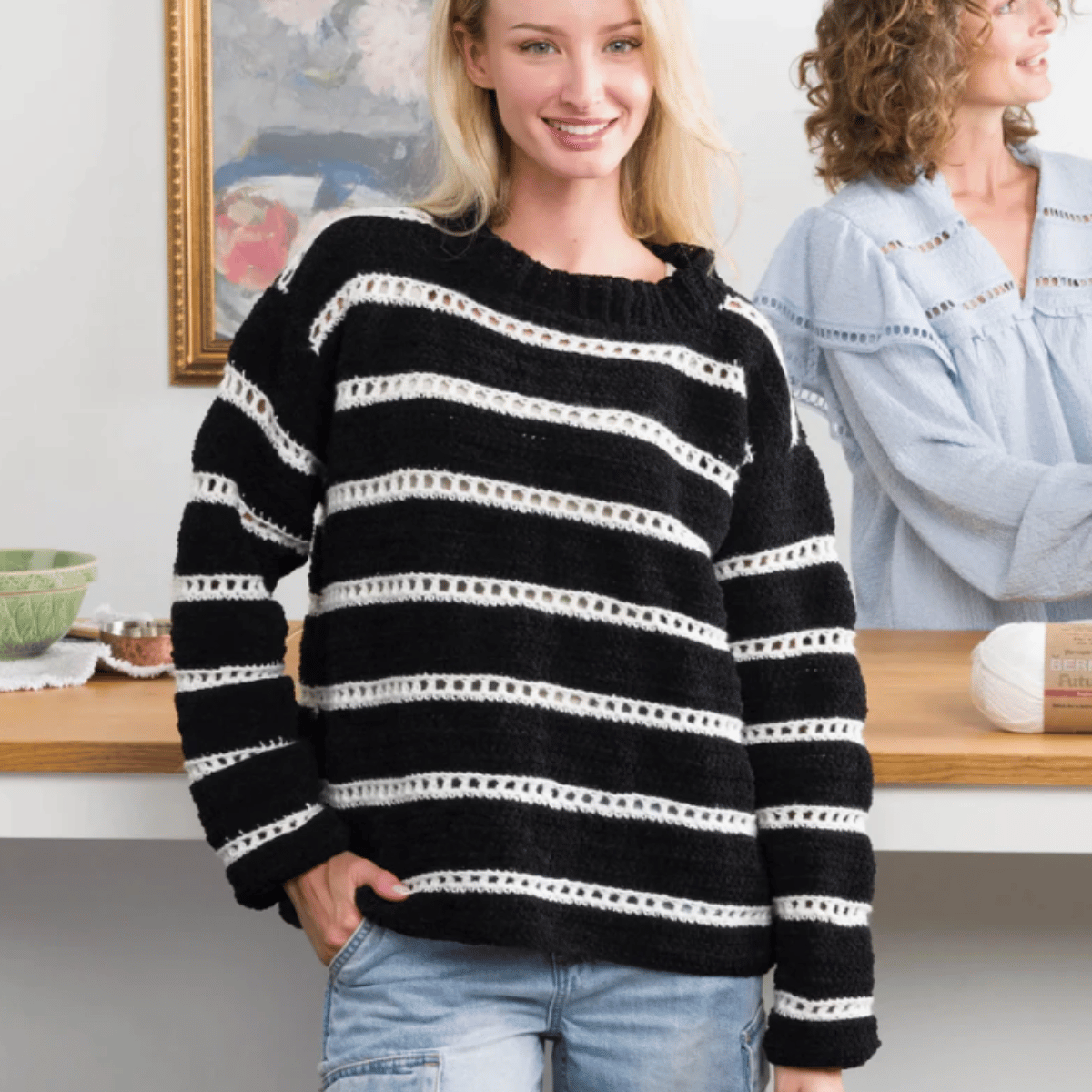Bernat Eyelet Stripes Crochet Pullover Pattern – Lightweight Sweater PDF