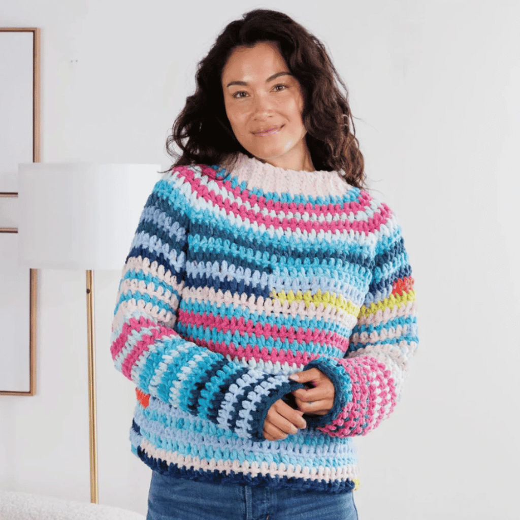 Bernat Patchwork Crochet Pullover Pattern – Granny Square Sweater PDF