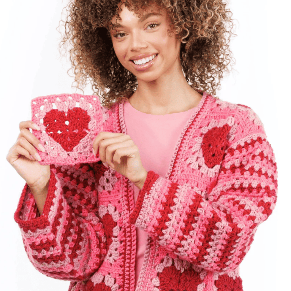 Red Heart Crochet Party Hearty Cardi Pattern – Heart Granny Square Cardigan PDF