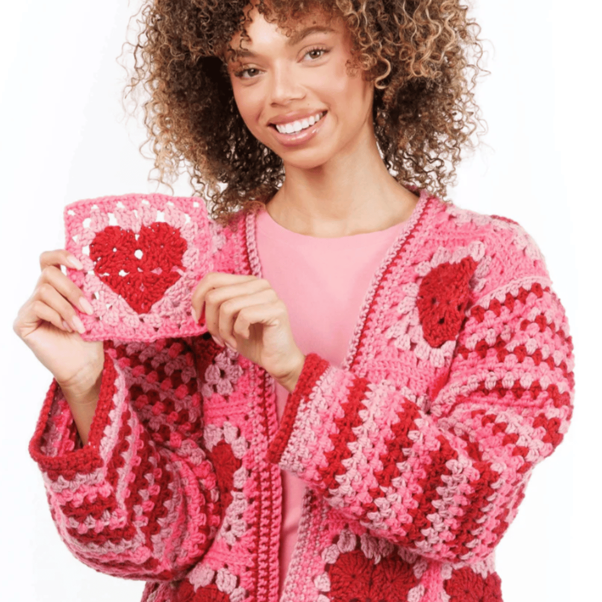 Red Heart Crochet Party Hearty Cardi Pattern – Heart Granny Square Cardigan PDF