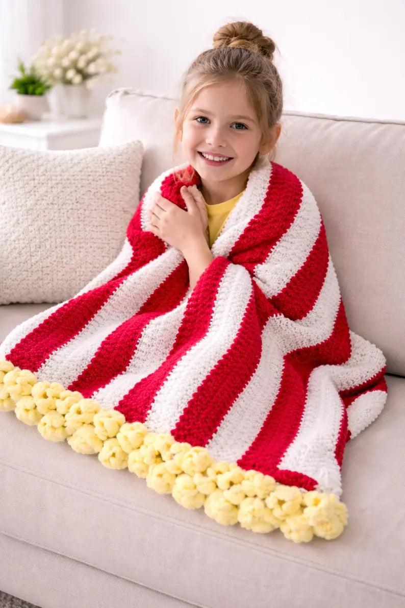 Popcorn Bucket Blanket Crochet Pattern – Movie Night Chunky Throw PDF