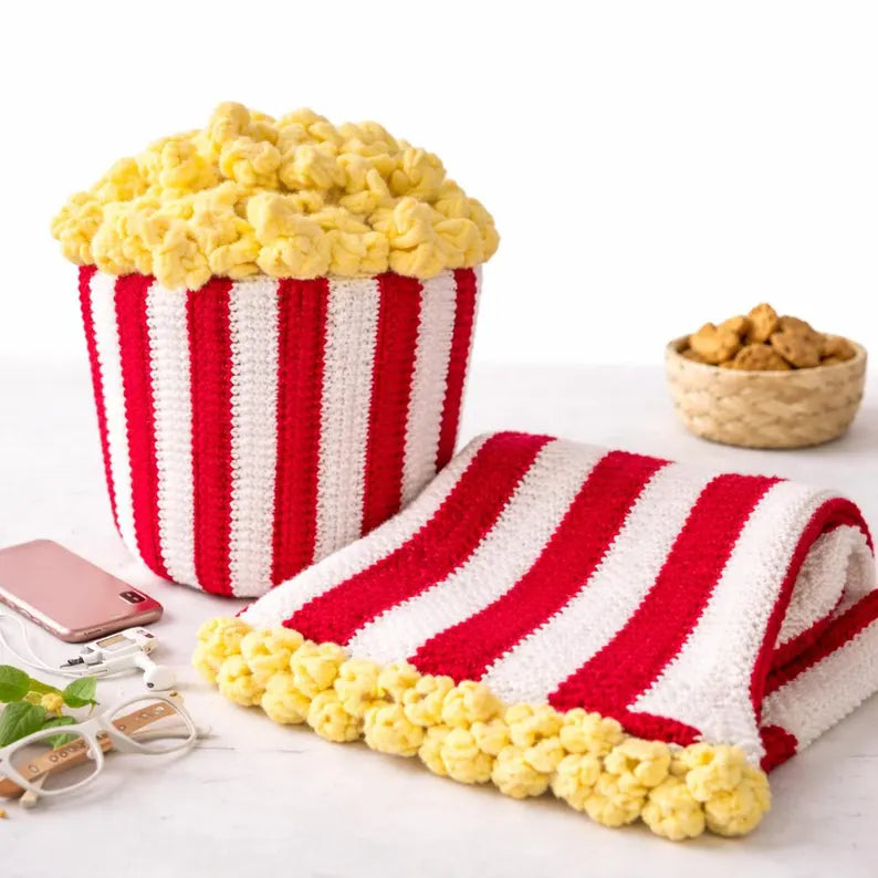 Popcorn Bucket Blanket Crochet Pattern – Movie Night Chunky Throw PDF
