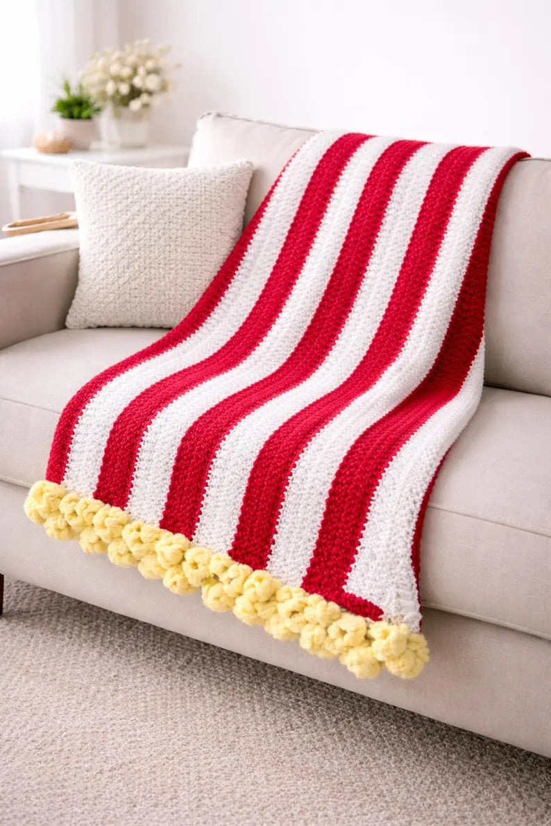 Popcorn Bucket Blanket Crochet Pattern – Movie Night Chunky Throw PDF